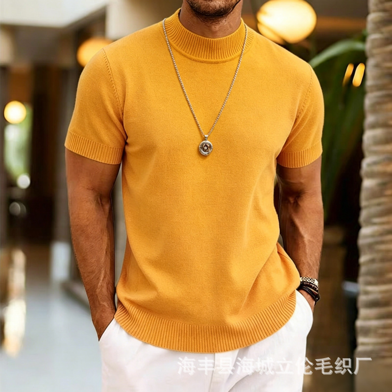 Autumn and winter men's half-high collar knitted short-sleeve Korean-style slim-fit solid color casual versatile base shirt trendy Autumn and winter men's half-high collar knitted short-sleeve Korean-style slim-fit solid color casual versatile base shirt trendy