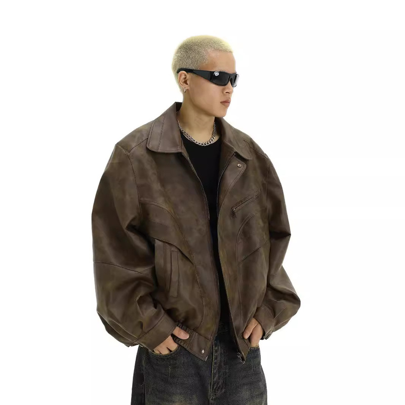 American Style Retro Brown Old Leather Jacket Men's Trendy Brand Plankton Handsome Design Sense Niche Couple's Casual Lapel Jacket American Style Retro Brown Old Leather Jacket Men's Trendy Brand Plankton Handsome Design Sense Niche Couple's Casual Lapel Jacket