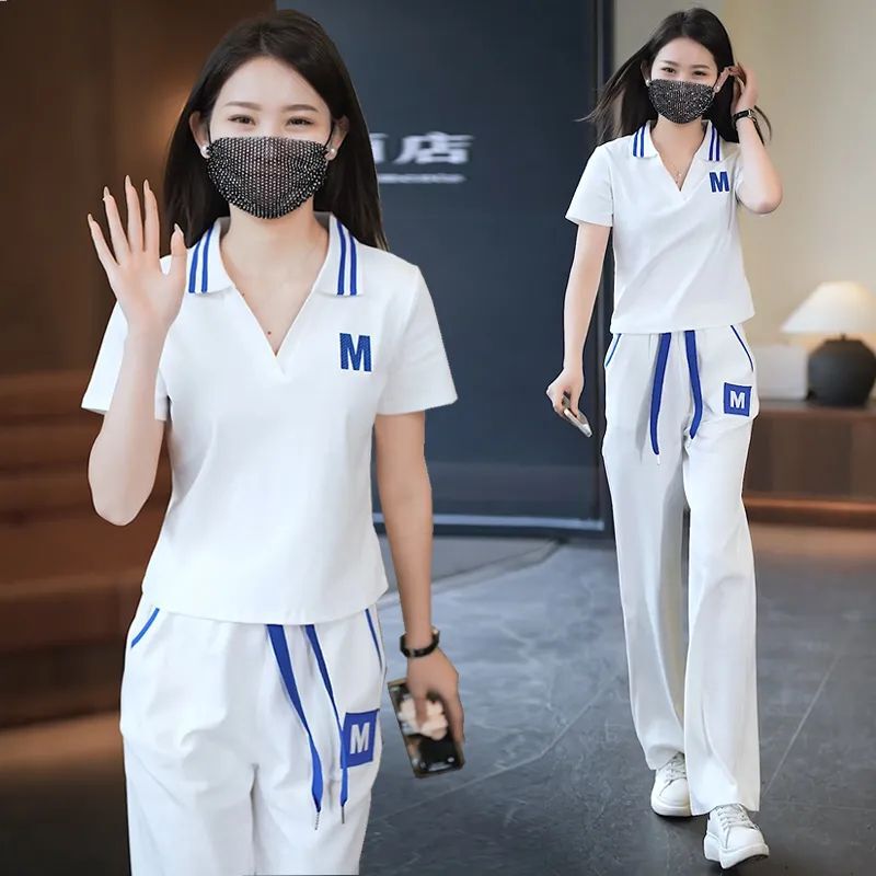 Summer Casual Fashion Mother Wear Sports suit High-end Western Style Age-reducing Short-sleeved Straight Pants plus size Two-piece Set for Women