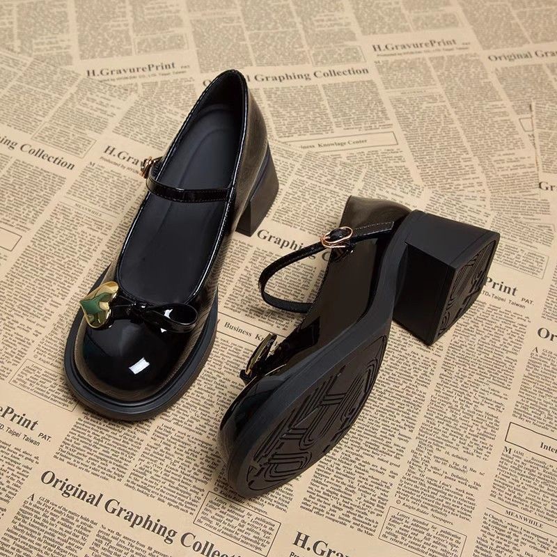 蝴蝶结配裙子厚底圆头单鞋韩版时尚爱心一字带粗跟玛丽珍2024新款