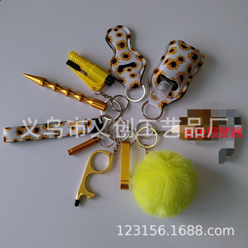 Cross-border wrist fur ball 11 pcsset female self-defense keychain led anti-wolf alarm anti-wolf key ring
