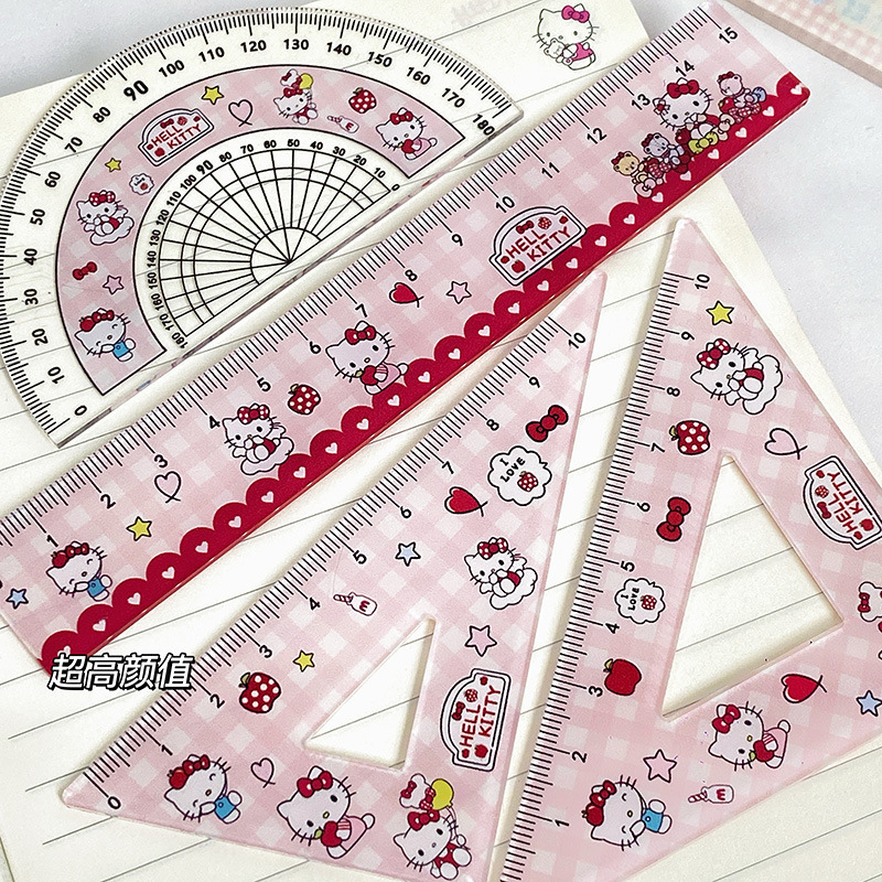 Plaid Kitty Cat Ruler Set, Acrylic Triangle Ruler, High-Value Cute Straight Ruler Four-Piece Set, a Must-Have for Students Starting School