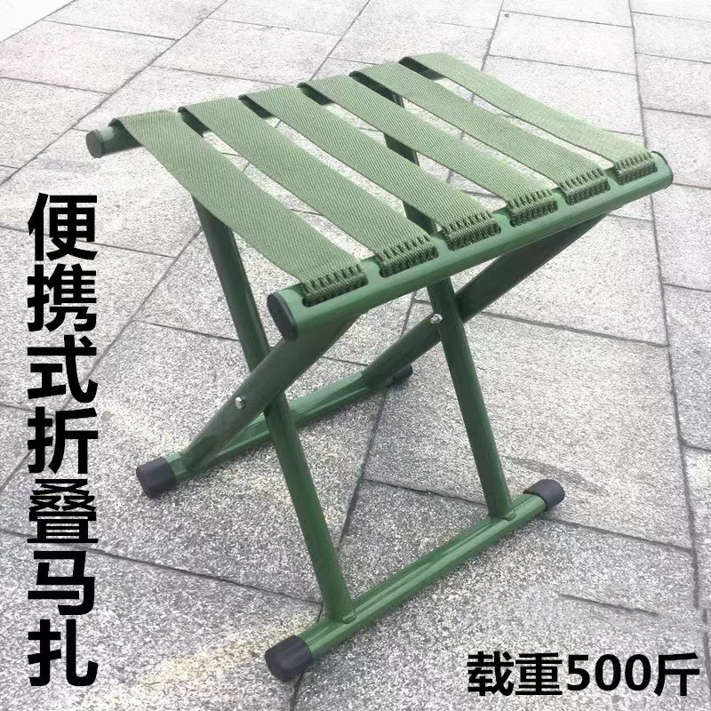 Green high-density nylon folding stool with a strap base, suitable for outdoor use, portable and foldable