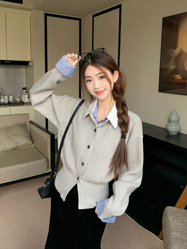 假两件衬衫领针织衫毛衣女年穿春秋新款显瘦撞色内搭收腰上衣|undefined