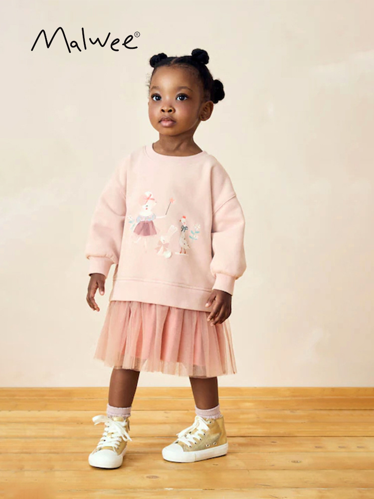 Cross-border malwee camiseta de niñas otoño y invierno nuevo estilo europeo y americano de niños de media edad cuello redondo mangas largas invierno vestido de princesa