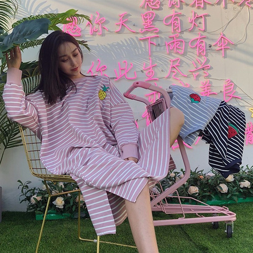 Spring and autumn 2024 new style nightgown long-sleeved internet celebrity ins style loose embroidered striped fruit dress home wear