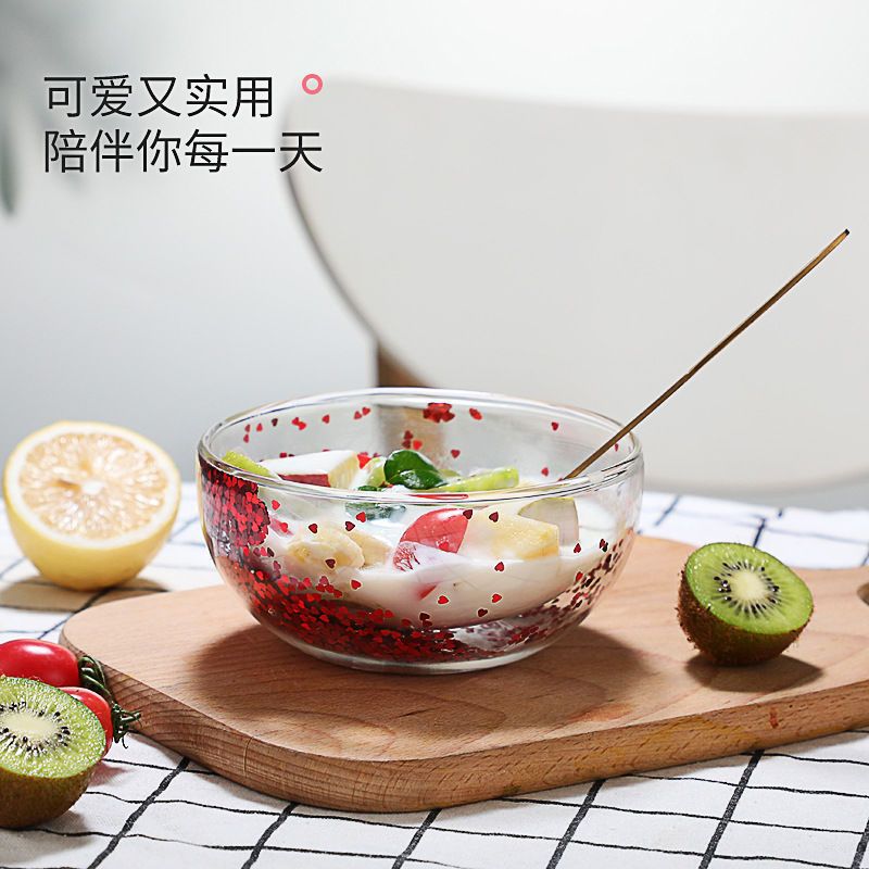 Tazón de vidrio aislado de doble capa lindo tazón de yogur creativo tazón de helado tazón de postre doméstico transparente con lentejuelas de amor
