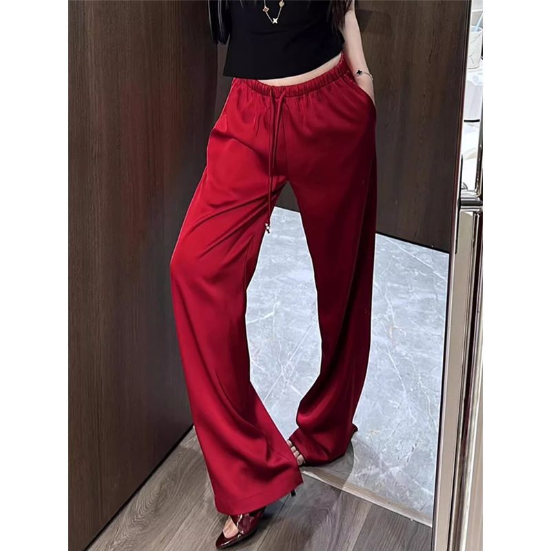 Red Ice Silk Satin American High Street Drape Straight Loose Sports Pants for Women High Waist Slimming Casual Wide-Leg Pants Summer Red Ice Silk Satin American High Street Drape Straight Loose Sports Pants for Women High Waist Slimming Casual Wide-Leg Pants Summer