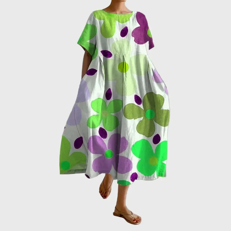 Women's New European and American Style Abstract Face Print Dress V-Neck Three-Quarter Sleeve Loose Plus-Size Artistic Long Dress