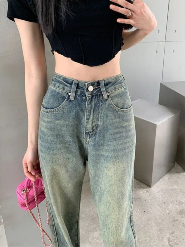 怀旧复古高腰牛仔裤女美式大码高腰宽松梨形遮肉休闲拖地阔腿长裤|undefined