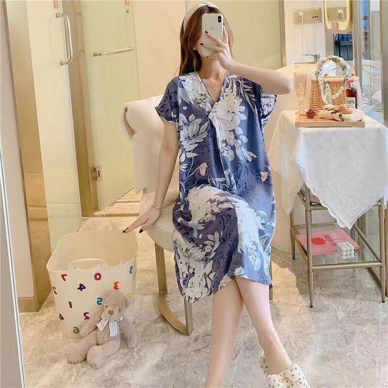 Camisón de seda de algodón para mujer verano nuevo Pijama estampado de dibujos animados de manga corta estilo coreano más tamaño ropa para el hogar suelta de seda de algodón delgada