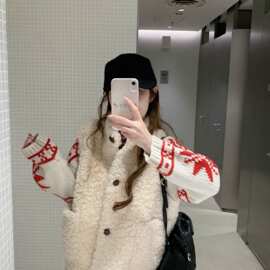 跨境韩系小众别致羊羔毛马甲背心女冬季百搭显瘦保暖外搭短款马夹