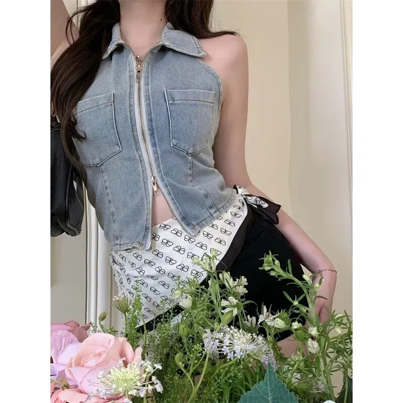 French Retro Polo Collar Denim Vest for Women Summer Sexy Halterneck Backless Slim Short Zipper Top