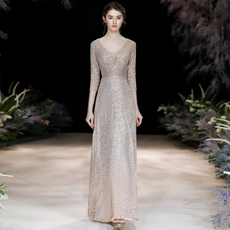 Golden evening dress for women 2022 autumn and winter new annual meeting elegant long dress host banquet performance dress