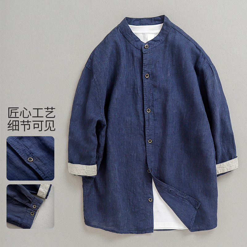 Summer New Linen 7-point Sleeve Shirt Men's Hong Kong Style Loose Casual Retro Jacket Shirt Men's Factory 3892