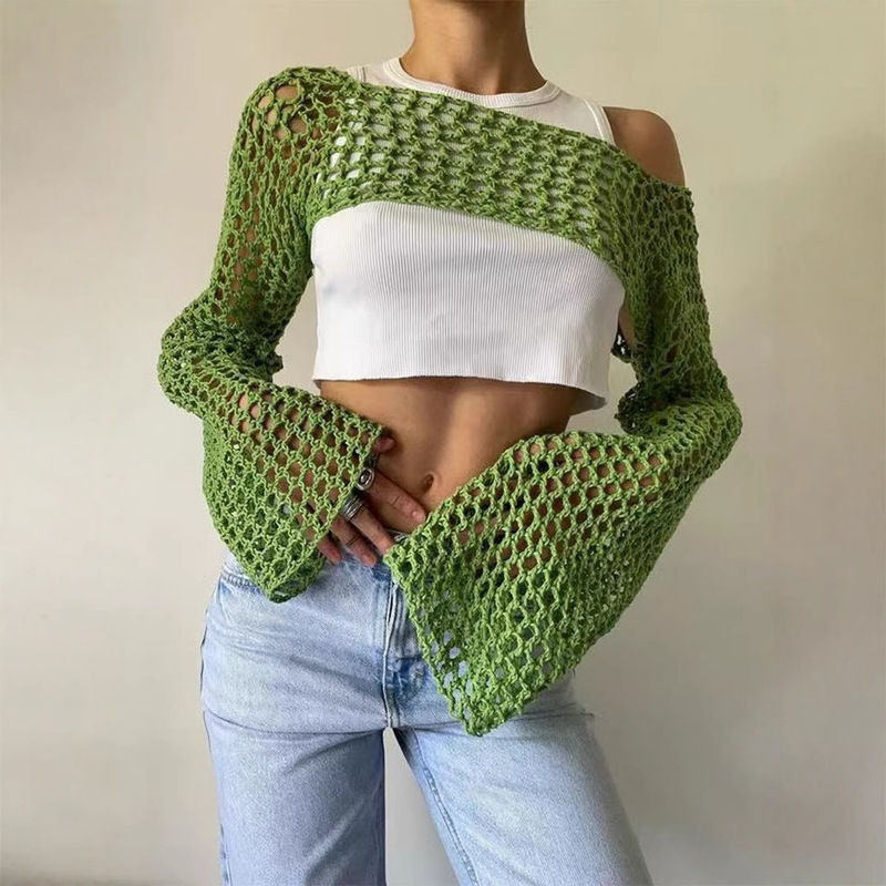 New European and American Style Sun-Protective Cover-Up for Women, Hollow-Out Knit Sweater, Sexy Solid Color Long-Sleeve Pullover Women's Top Sweater