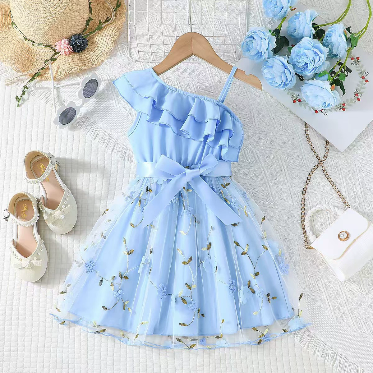 Детская одежда Милый Girl Oks Shoulder Bow Net Speed Dress