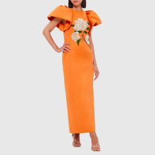 欧美跨境气质收腰长裙2025新款重工花朵刺绣时尚泡泡袖纯色连衣裙