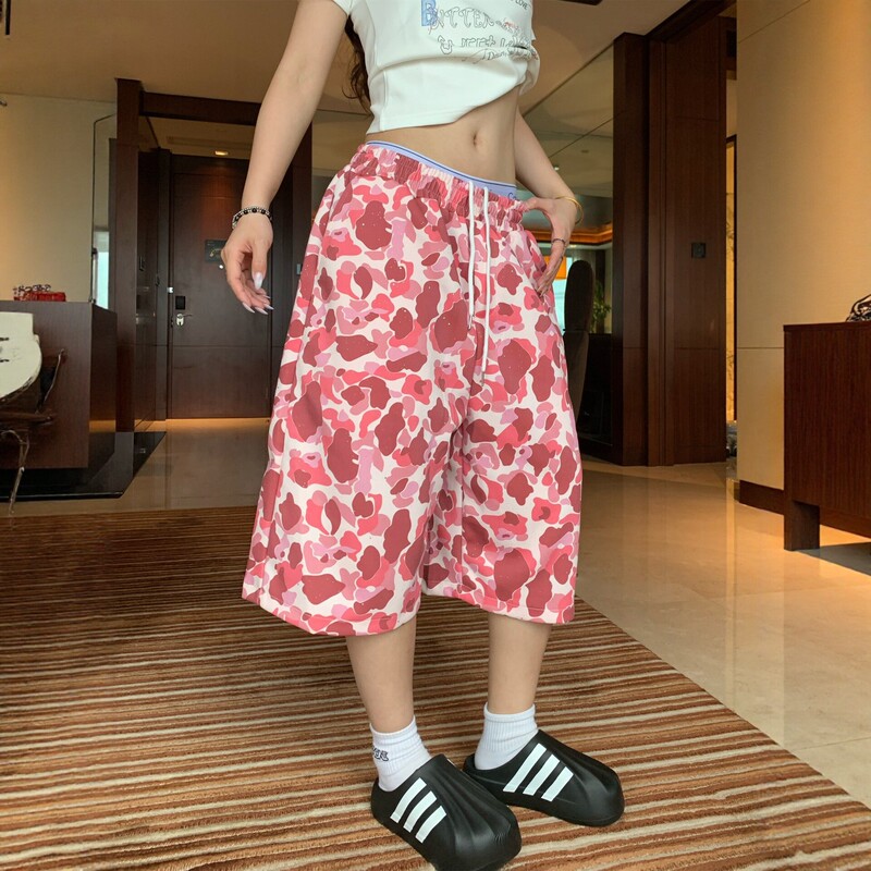 American-Style Camouflage Print Wide-Leg Cropped Pants for Women, New Summer Style, Loose Casual Drawstring Shorts, Trendy
