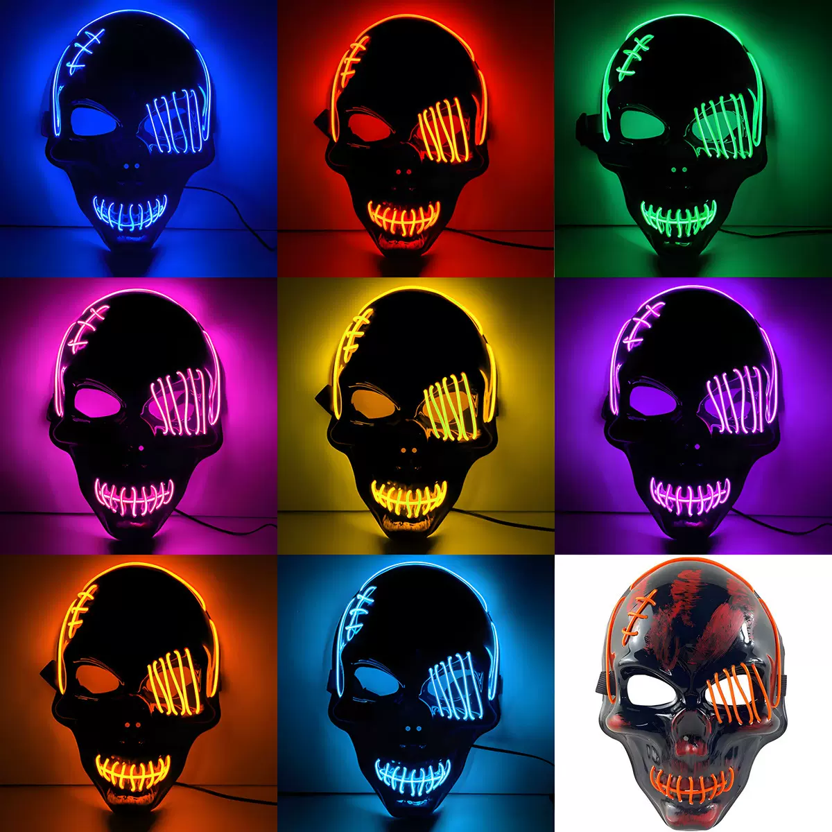 跨境刀疤独眼海盗面具带血恐怖冷光万圣节面具led发光面具