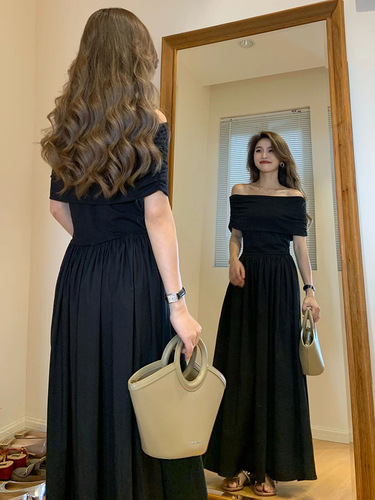 668 Women's Black One-Shoulder Dress 2025 High-End Elegant Shoulder-Strap Body-Con Long Dress Bustier Dress