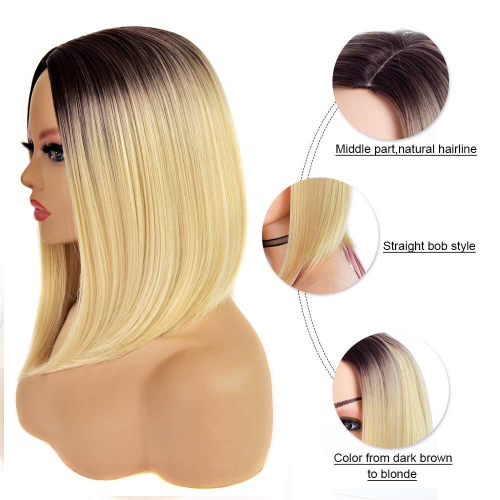 European American Style Short Straight Bob Synthetic Fiber Wig Full Head Center Parting Clip-in Hairpiece_voghion.com