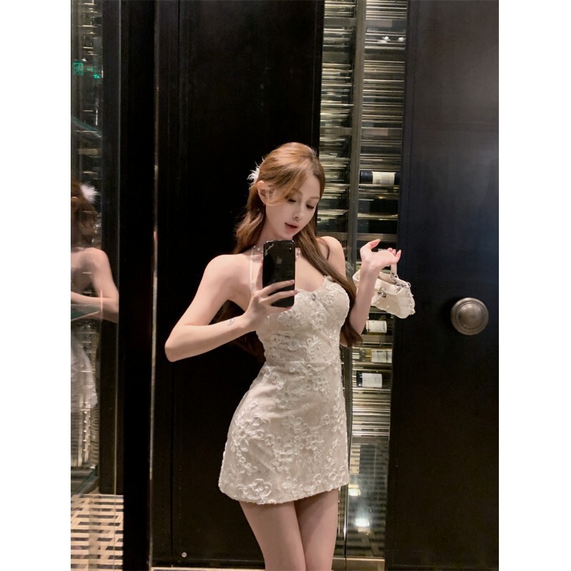 蕾丝拼接露背挂脖连衣裙女夏季白色修身短裙纯欲收腰显瘦包臀裙子|undefined