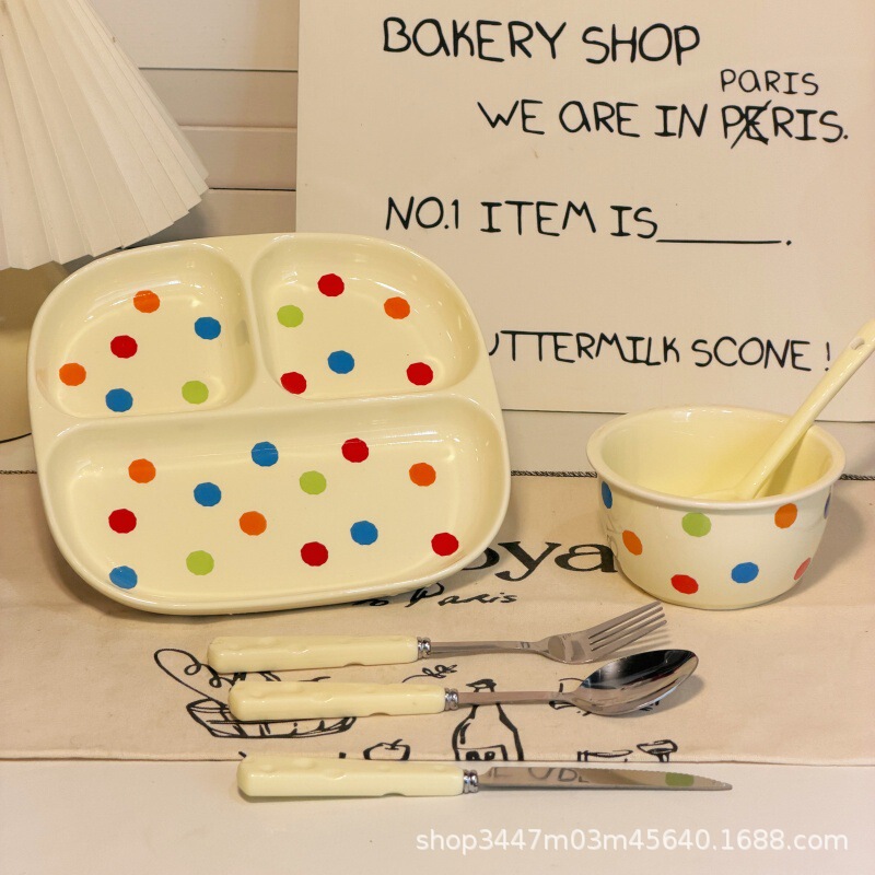 Polka Dot Divided Plate for Adults, High-End Ceramic Plate for Weight Loss, Suitable for Children, Individual Serving Breakfast Plate