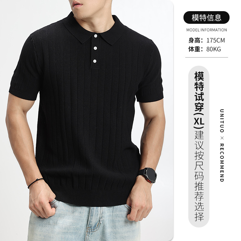 Hombre de verano de hielo de seda de punto polo camiseta de collar de manga corta europea y americana explosión de negocios casual alta sensación superior