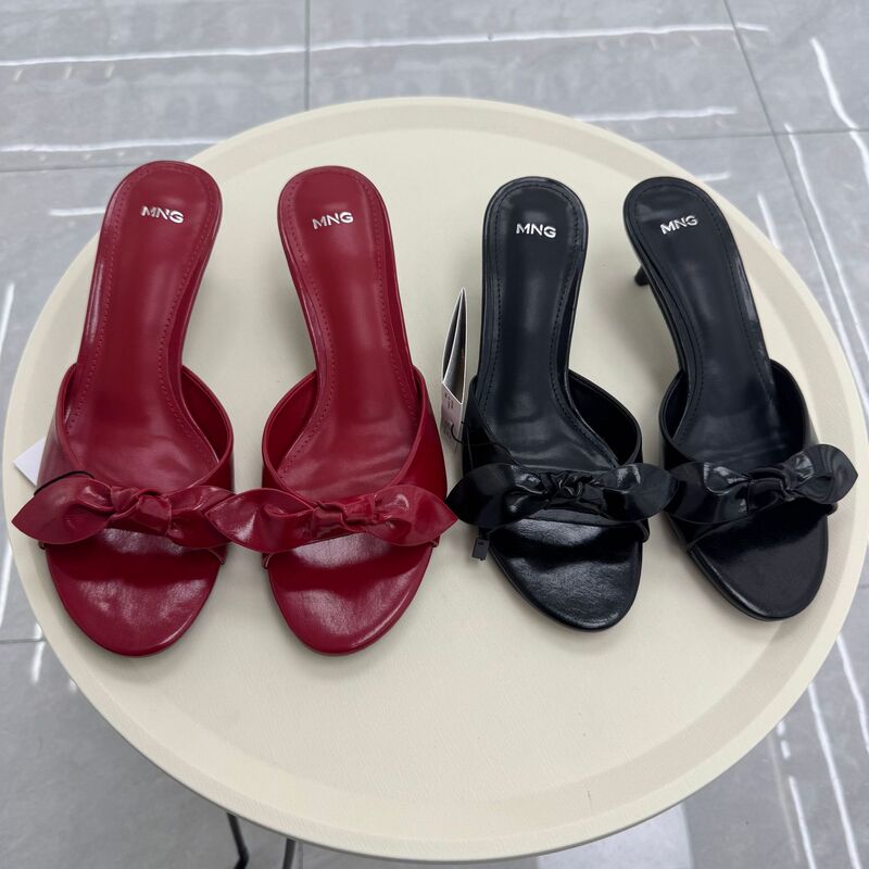 Mng Sandals 2026 Summer Fashion Open-Toe Women's Shoes Red Bow Round-Toe Elegant High-Heeled Sandals for Outdoor Wear