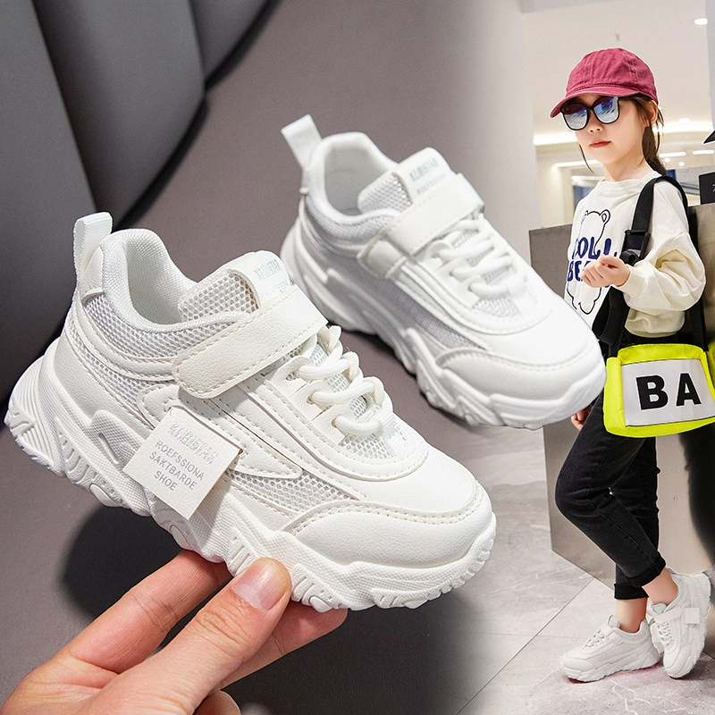 Детские белые кроссовки для девочек, дышащие осенние школьные туфли из сетки, корейские туфли на мягкой подошве в стиле "dad shoes" для девочек, универсальные.