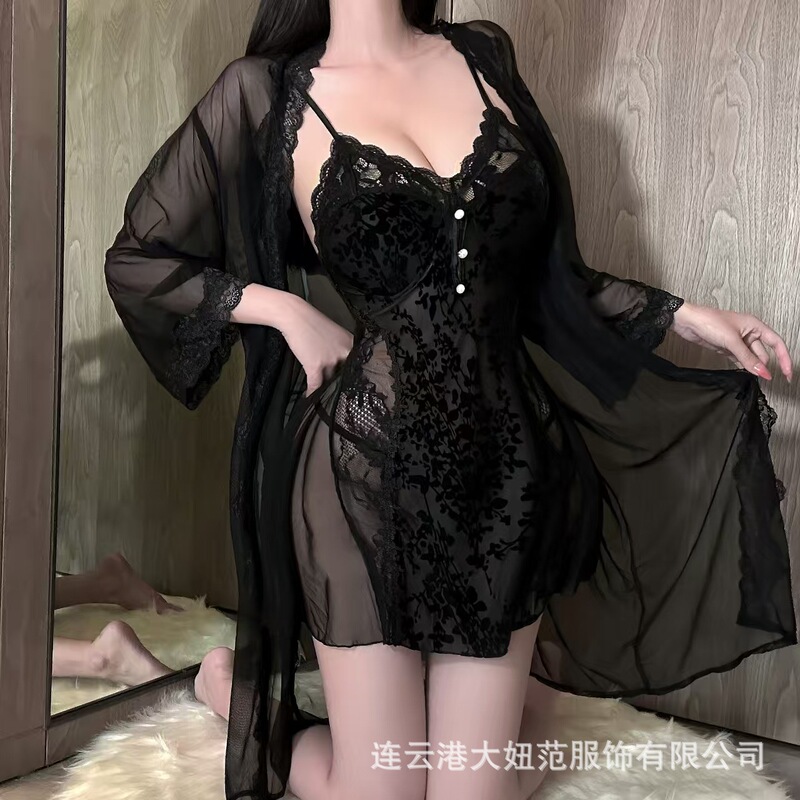 Medusa's New Sexy See-Through Suspender Nightgown for Women, Velvet Mesh Patchwork Nightgown, Pure Desire Home Wear Set
