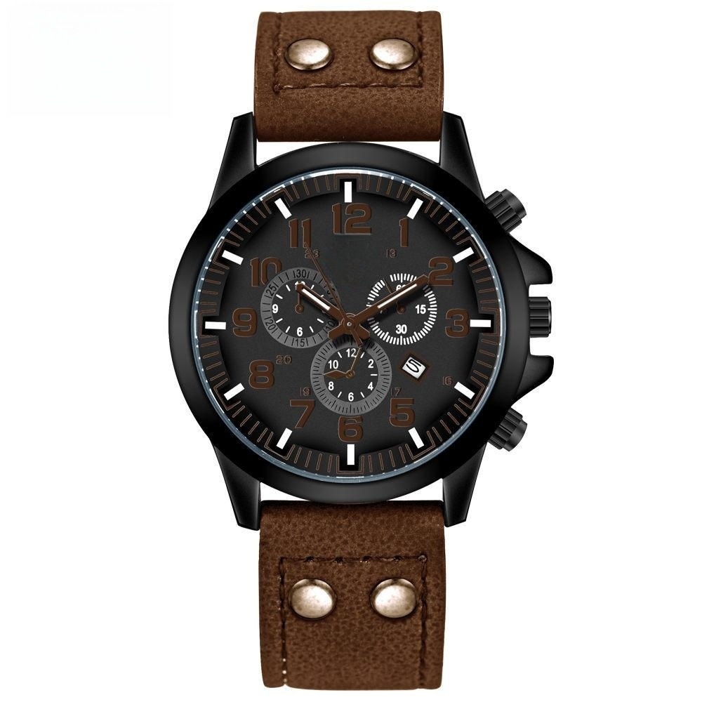 Casual men's quartz watch  Three-Eye fashion calendar watch double nail PU men's watch_voghion.com
