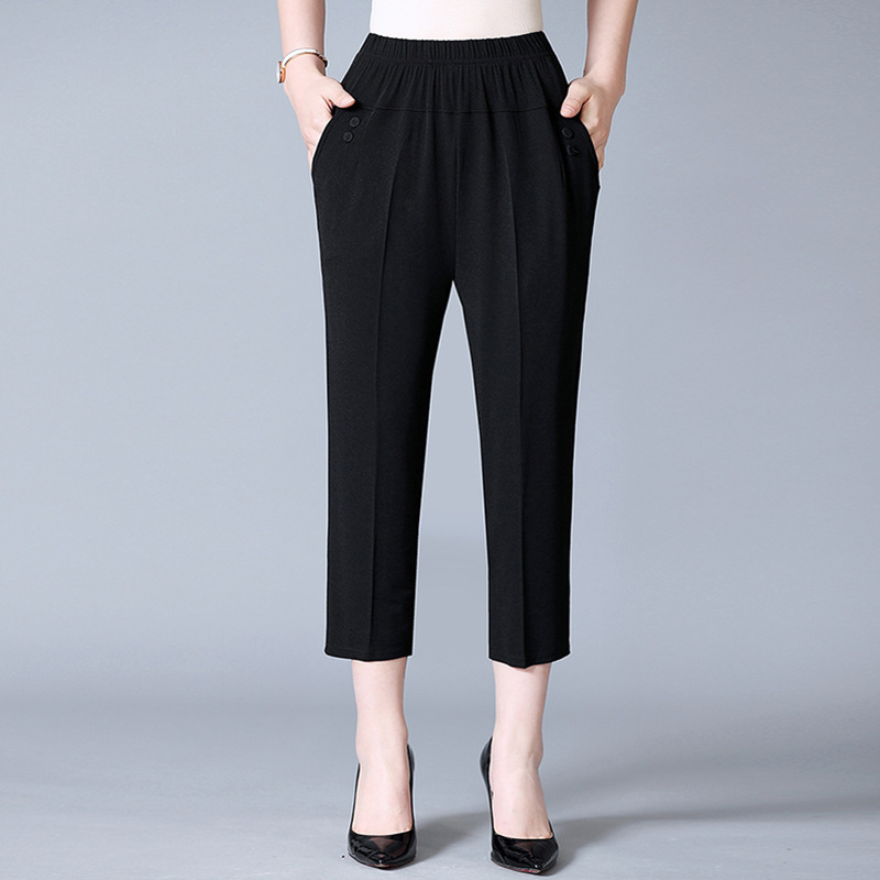 Middle-aged and elderly summer women's pure black cropped pants mother's elastic waist high waist loose wide leg pants straight pants