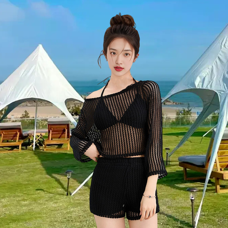 Nuevo traje de baño mujer dividida de tres piezas blusa de protección solar de manga larga encaje sexy punto traje de baño de vacaciones de playa hueco
