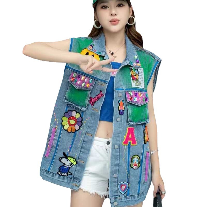 Marca de moda tailandesa primavera y verano 2024 nuevo chaleco de vaqueros sin mangas de la industria pesada de graffiti personalidad de abrazadera de caballo abrigo de moda transfronteriza