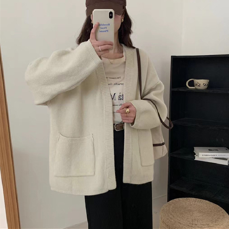 跨境大码慵懒风纯色口袋针织开衫女外穿秋冬简约厚实休闲毛衣外套|undefined
