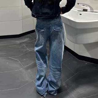美式高街刺绣口袋阔腿牛仔裤女2026春季新款大码胖mm设计感拖地裤