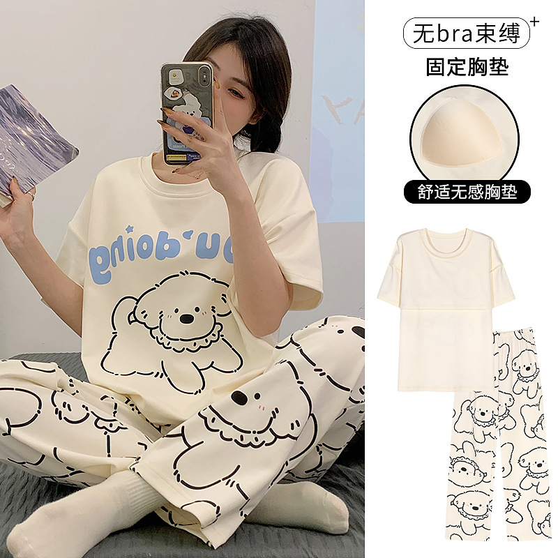 睡衣女士春夏季新款純棉帶胸墊短袖長褲可外穿卡通大碼家居服套裝