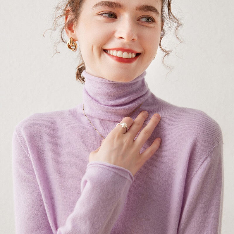 High-End Cashmere Turtleneck Pullover Sweater for Women with a Stacked Collar, Solid Color Cashmere Knit Base Shirt