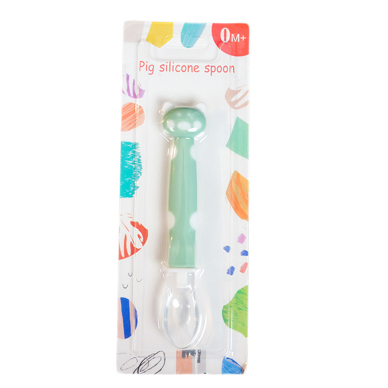 Inglés tarjeta bebé cuchara de silicona bebé alimentación vajilla suave cabeza cuchara dibujos animados suplemento alimenticio cuchara sopa cuchara