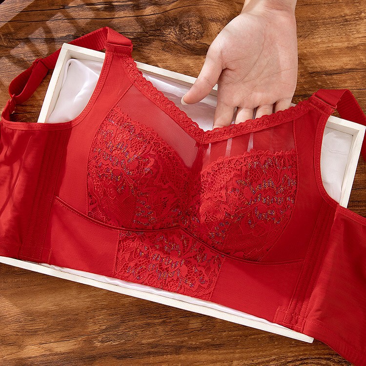 Red Lingerie for Women in Their Zodiac Year, Wireless Thin Style for Large Busts, Minimizing Side Breast, Adjustable Plus-Size Six-Row Hook Bra