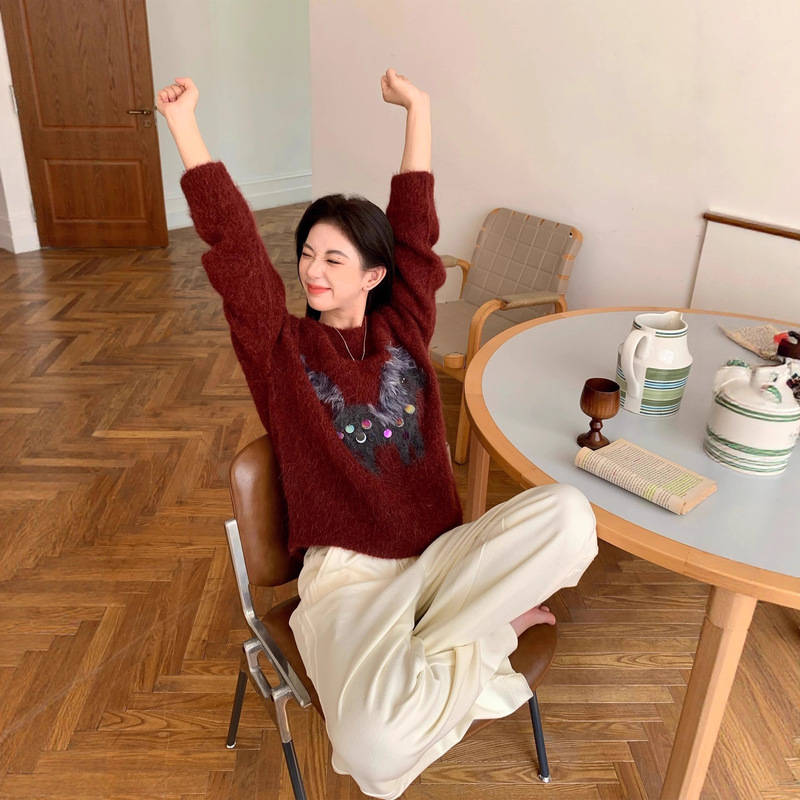 Christmas Pony New Year Knitted Pullover Sweater Sequined Sully Alpaca Inner Knitted Sweater Autumn and Winter Top for Women