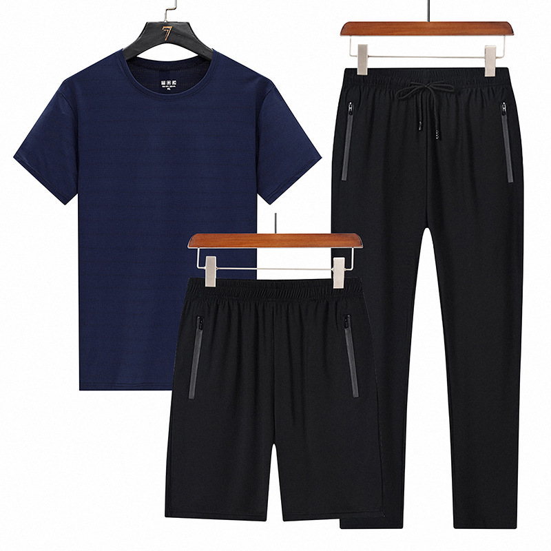 Trajes deportivos de verano transfronterizos de seda de hielo para hombres, camisetas de manga corta, pantalones cortos de tres piezas casuales para hombres