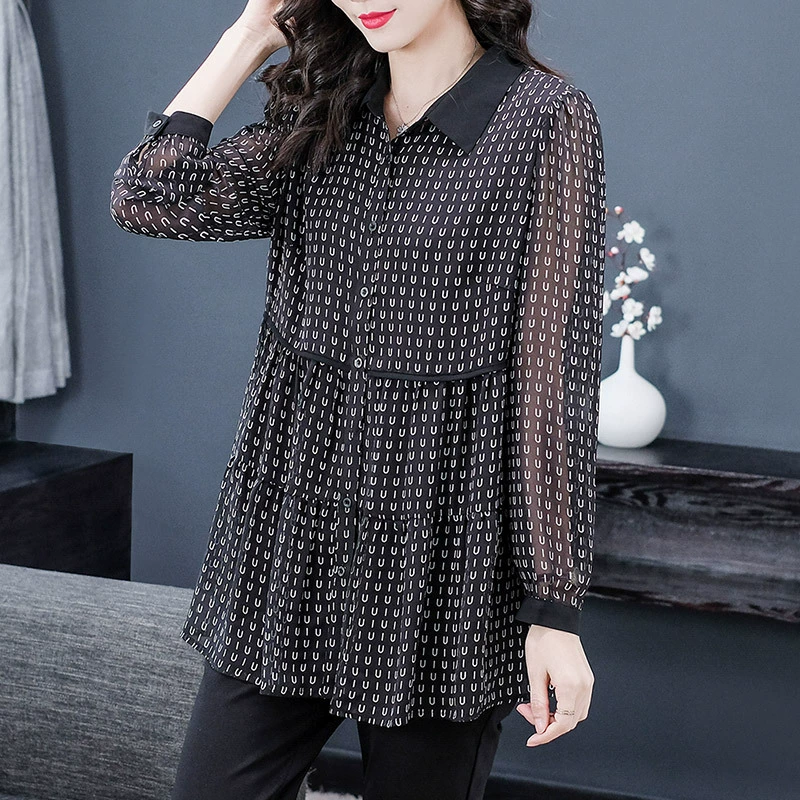 50,00 kg-120,00 kg Летняя шифоновая свободная элегантная рубашка с лацканами и цветочным принтом, топ для матери среднего возраста, женская одежда больших размеров