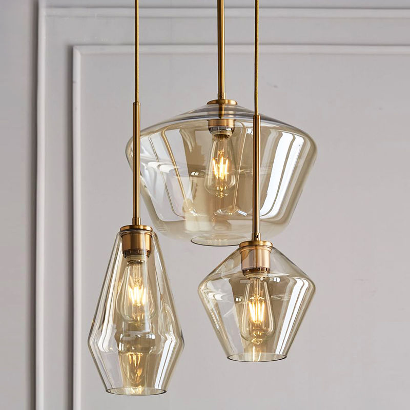 Nordic restaurant chandelier modern minimalist living room theme cafe bar three-head combination glass lampshade chandelier