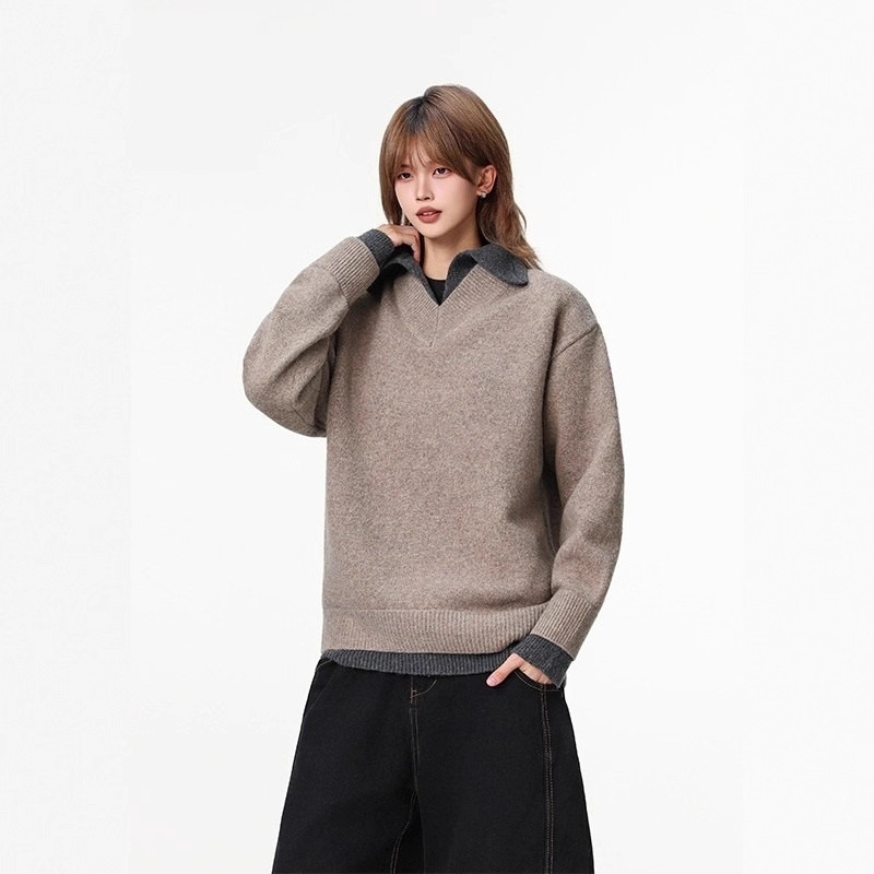American-Style Autumn and Winter Brown Faux Two-Piece Sweater for Women, American Retro V-Neck Lazy Style Old Money Style Knit Cardigan American-Style Autumn and Winter Brown Faux Two-Piece Sweater for Women, American Retro V-Neck Lazy Style Old Money Style Knit Cardigan