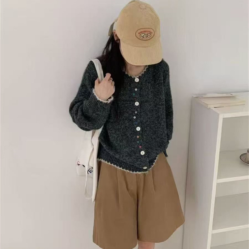 韩系撞色设计感针织衫女2025秋季新款圆领不规则彩扣小众毛衣外套|undefined