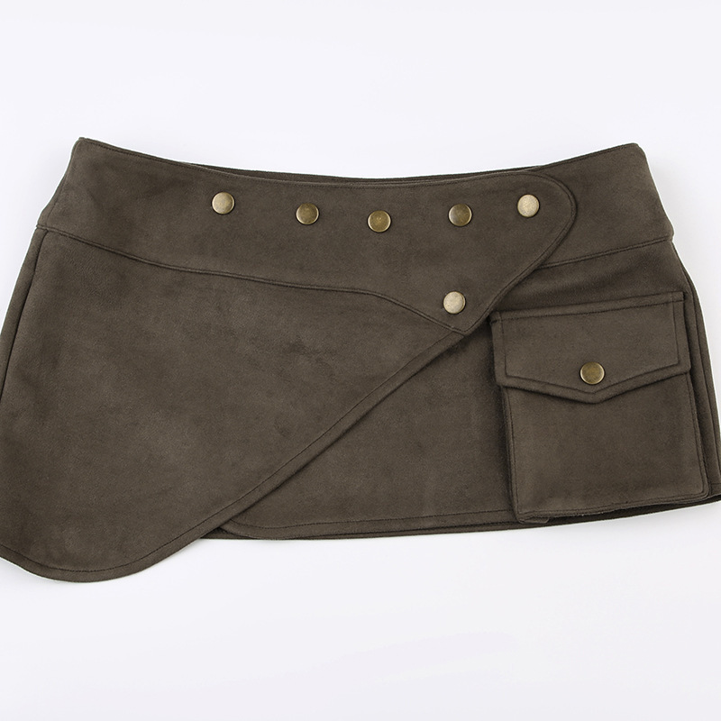 Wilderness Western Style Suede Rivet One Piece Miniskirt Ethnic Niche Pocket Splicing Low Waist Hip Skirt_ecoleips.com