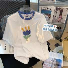 纯棉包领 美式撞色复古花朵印花宽松圆领短袖t恤女夏季个性上衣潮